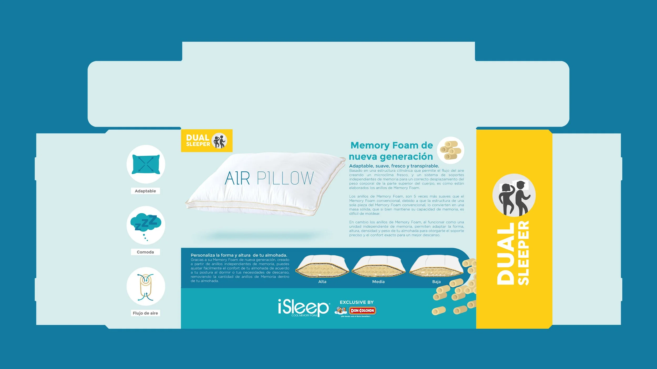 Packaging artwork for iSleep Air Pillow highlighting memory foam layers, adjustable height options, and dual sleeper feature branding.