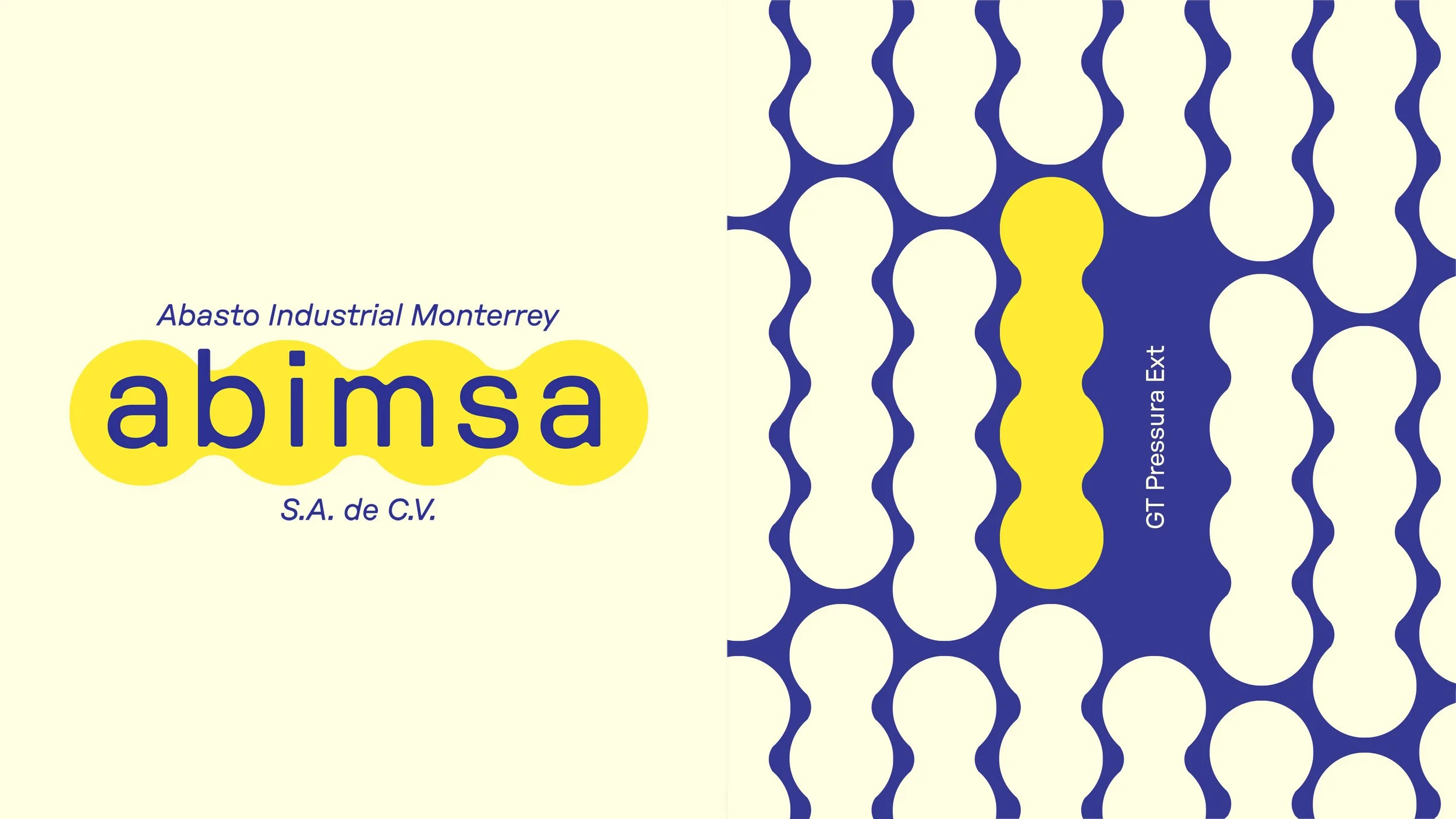Logo unit on a cream background alongside a blue and yellow interconnected pattern.