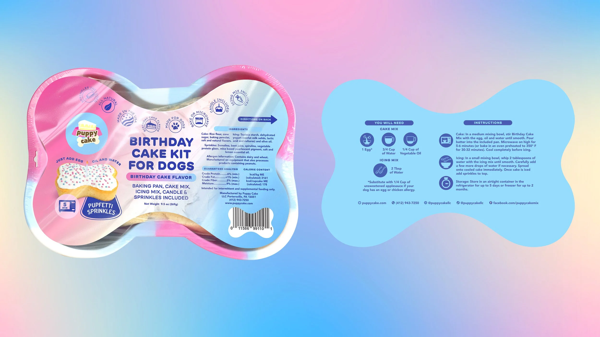 Bone-shaped packaging dieline design for Puppy Cake Birthday Cake Kit for Dogs with ingredients and step-by-step baking instructions.