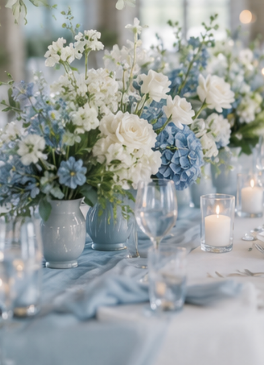 Elegant table centerpiece with white and blue flowers in vases, surrounded by candles and glassware, at a formal event.
