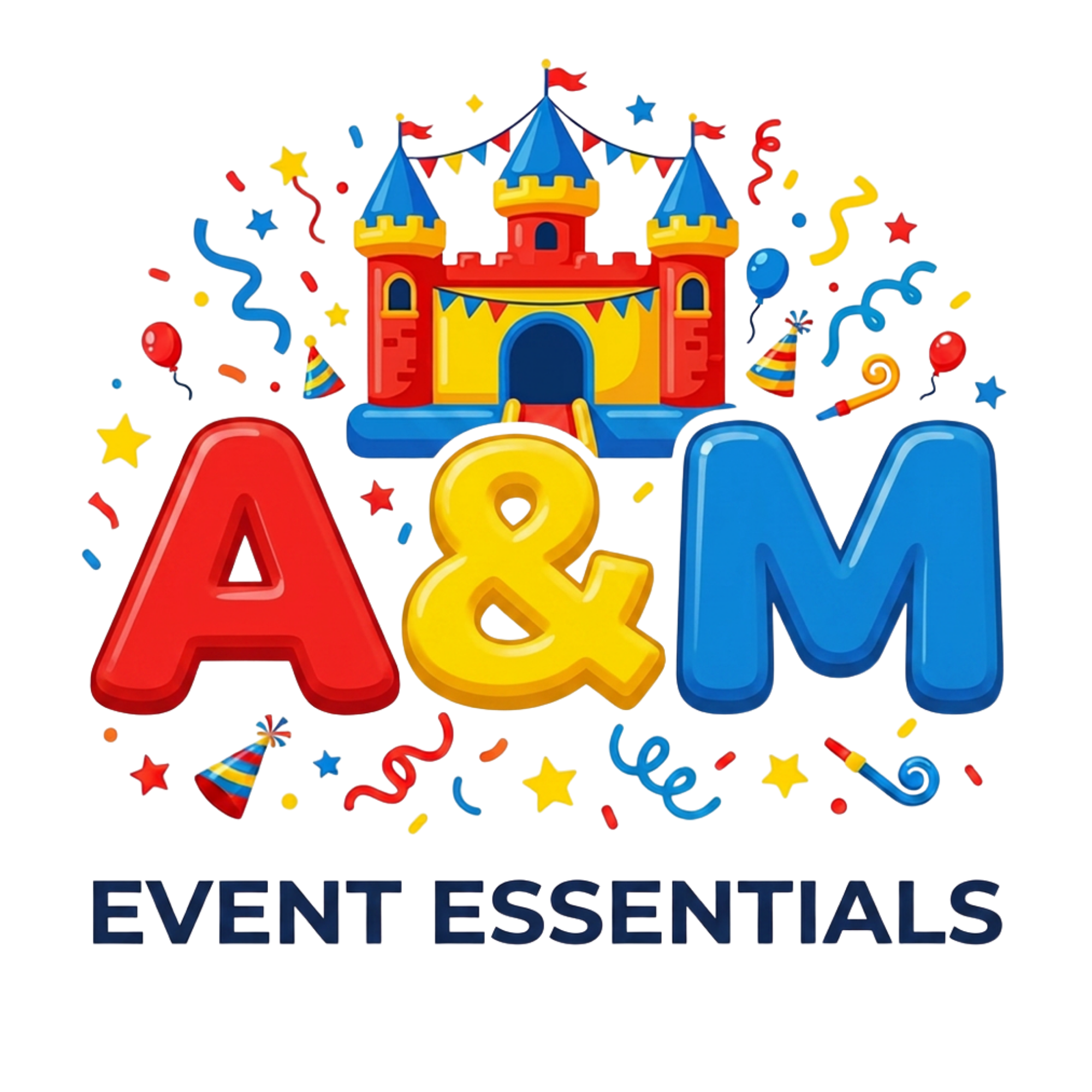 Celebration with a colorful castle, balloons, confetti, and party hats, indicating an event or occasion.