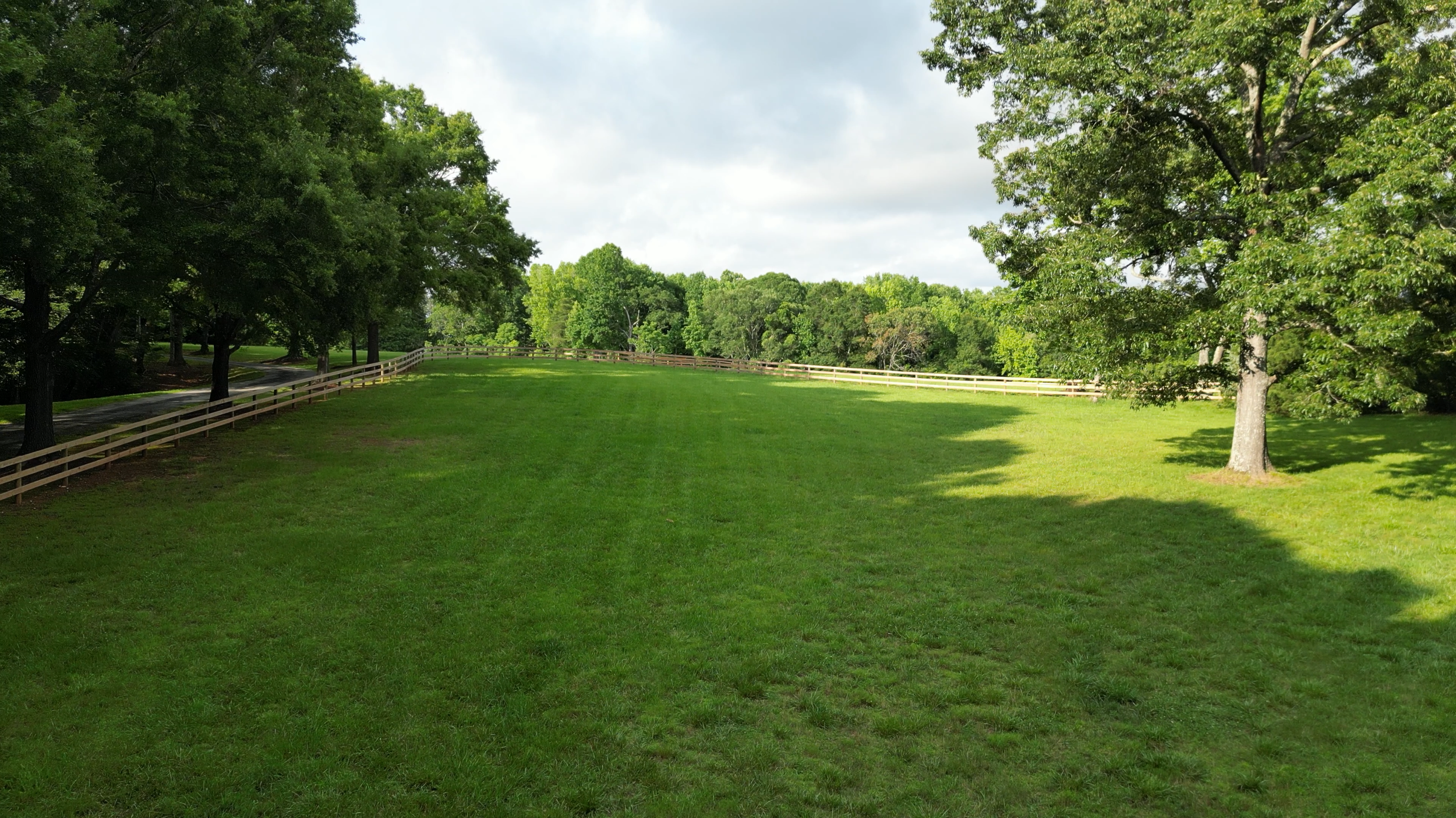 Green grassy field with trees and a wooden fence, under a partly cloudy sky.