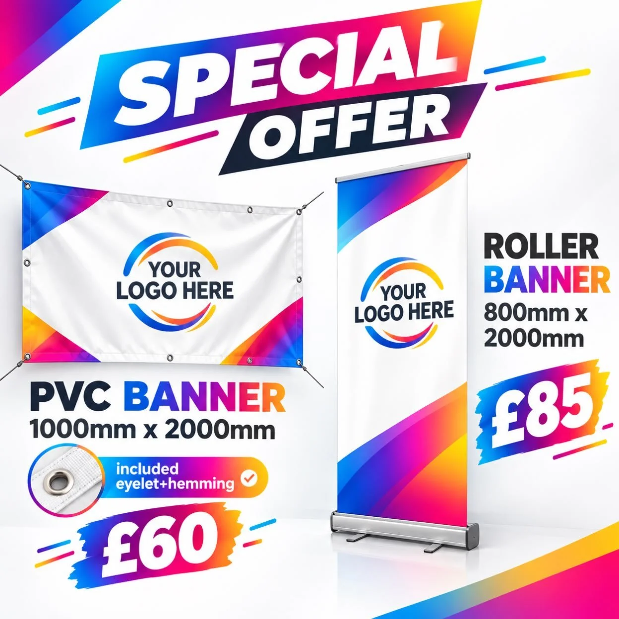 SPECIAL OFFER! 🎉

Get your business noticed with our high quality printed banners! Our 1000mm x 2000mm Custom PVC Banner is only &pound;60‼️lncluding eyelets &amp; hemming.

✅Perfect for outdoor advertising, events, shops and promotions

Need someth