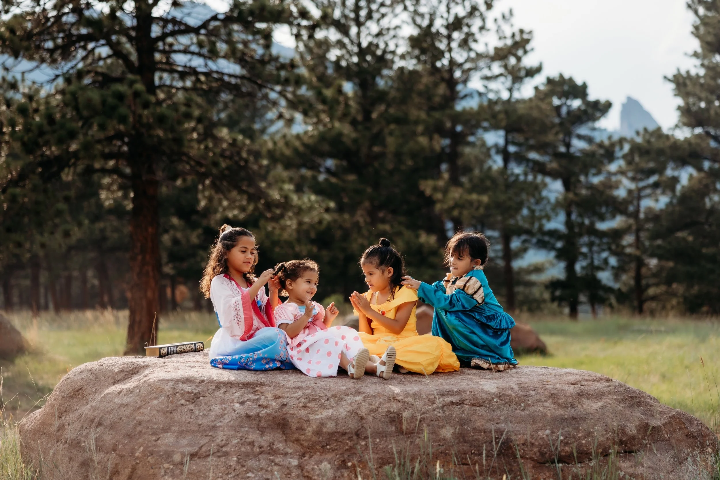 Four children in colorful clothes sitting on a rock in the Colorado mountains.