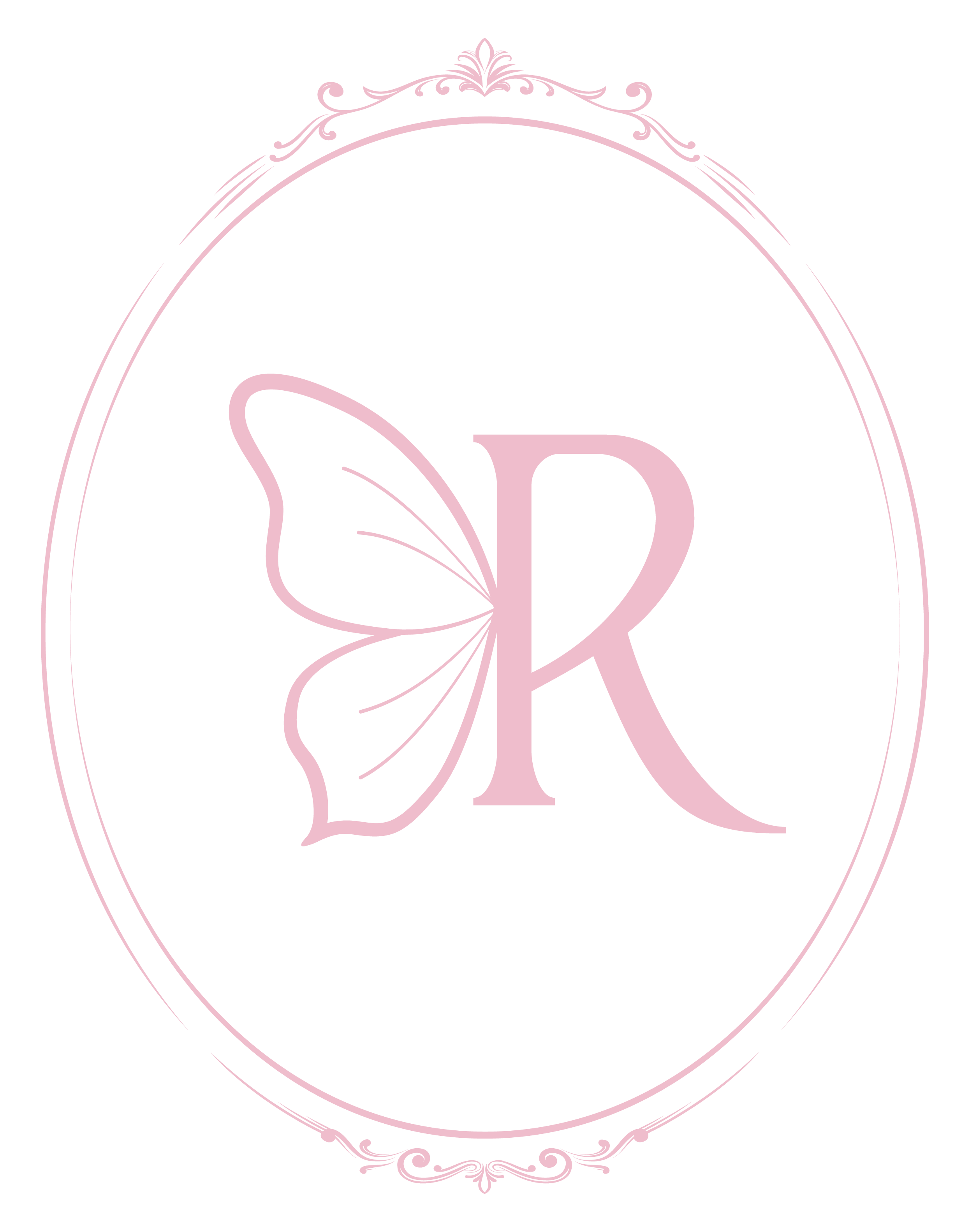 Elegant pink logo with floral design surrounding a letter R on a black background.