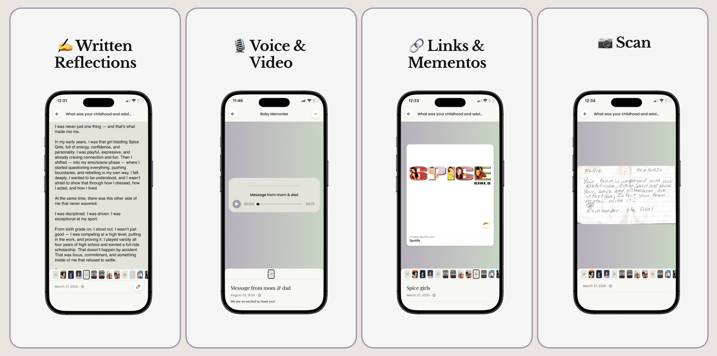 Four smartphone screens showing different features of a journaling or note-taking app, including written reflections, voice messages, visual links, and scanned handwritten notes.