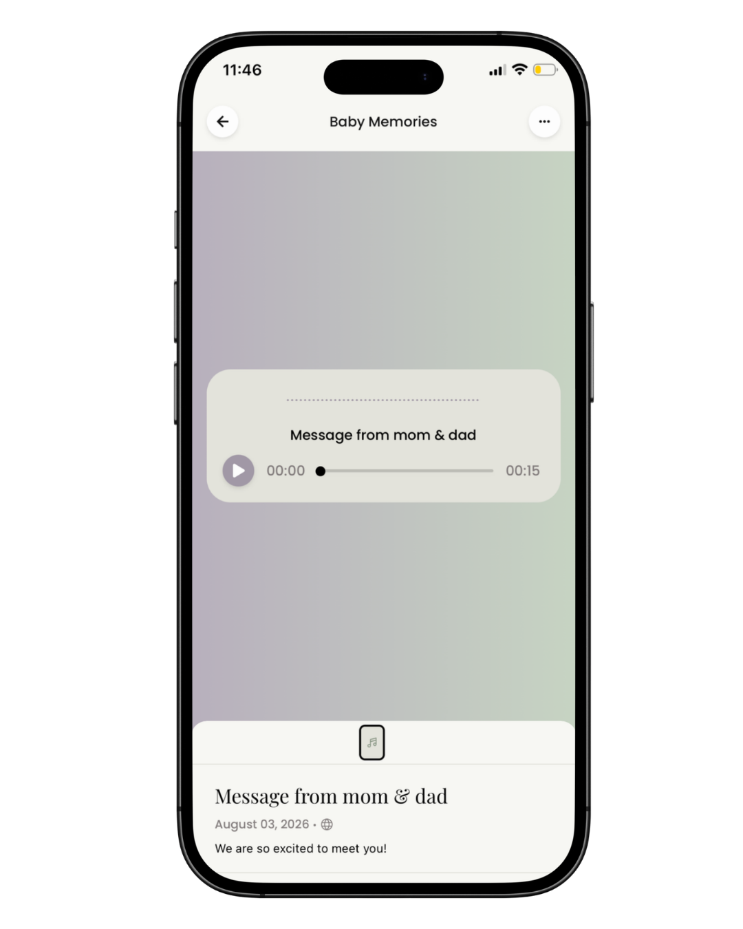 Screenshot of a mobile phone displaying a messaging app titled 'Baby Memories,' showing an audio message from mom and dad, with a text message below that reads, 'Message from mom & dad' dated August 03, 2026, stating, 'We are so excited to meet you!'