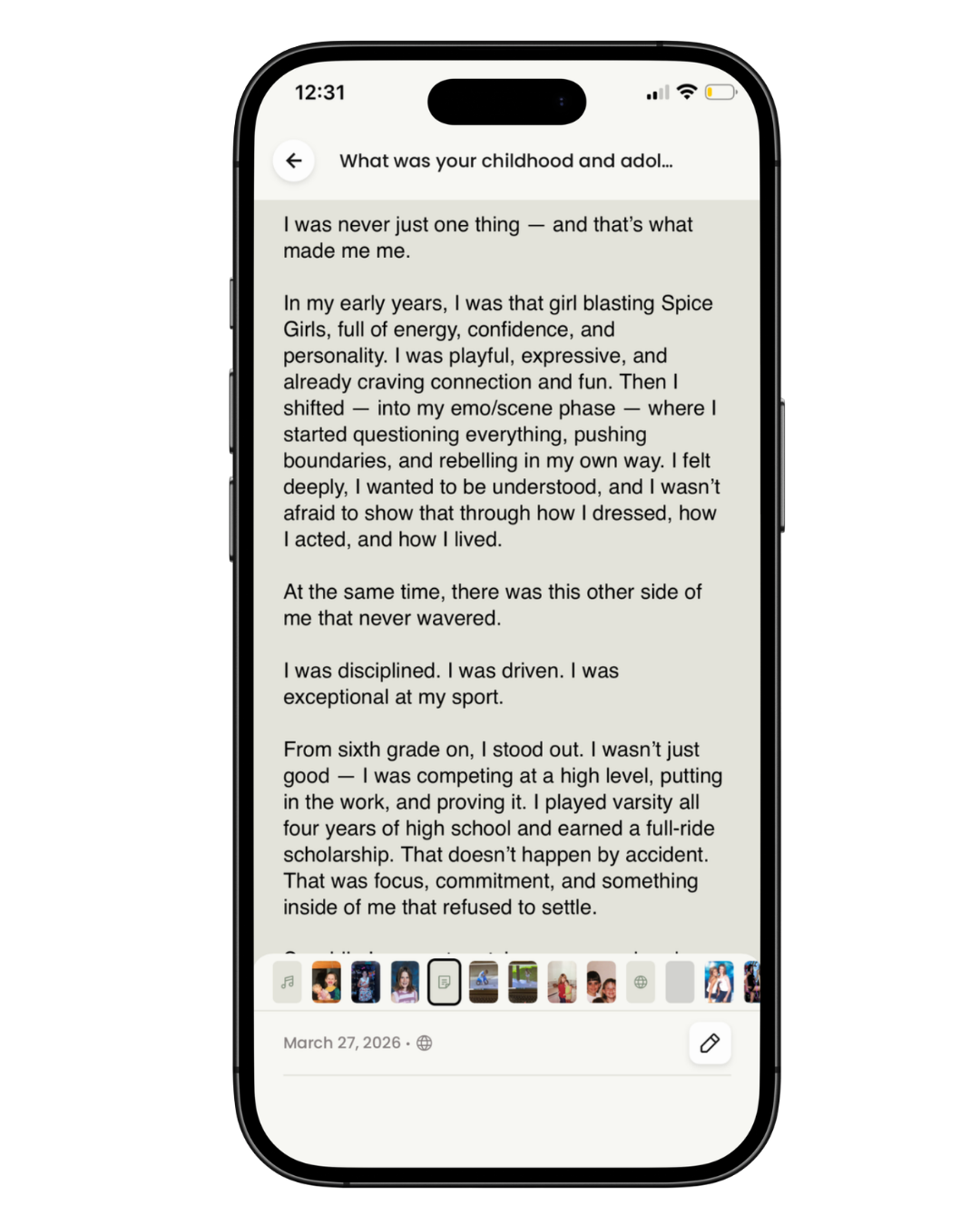 A smartphone showing a page of text about childhood and adolescence, with a row of photo thumbnails at the bottom, a date of March 27, 2026, and navigation icons.