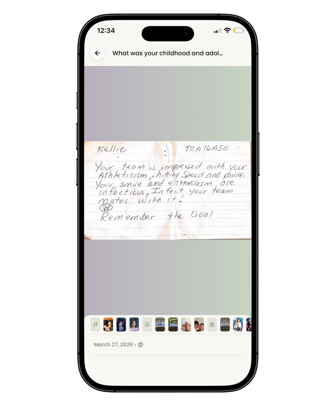 A smartphone screen displaying a handwritten letter on torn notebook paper, addressed to Kellie, praising her athleticism and enthusiasm, with a date of March 27, 2026.