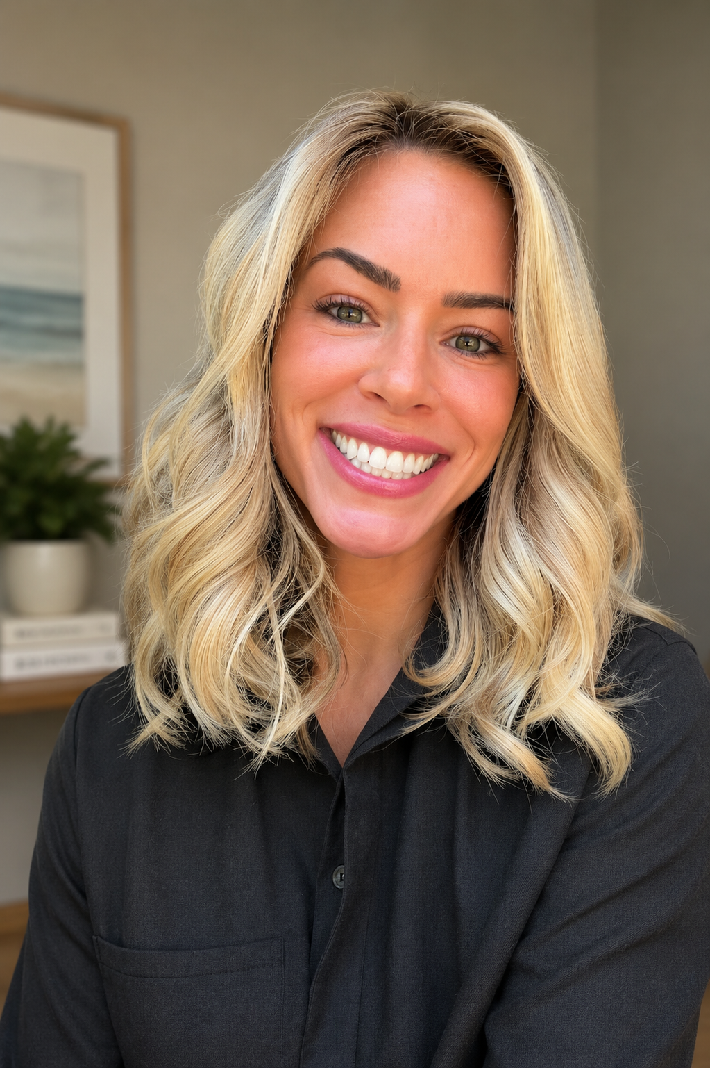 A woman with blonde wavy hair, smiling with white teeth, wearing a black shirt, indoors with a blurred background including a plant and framed picture.
