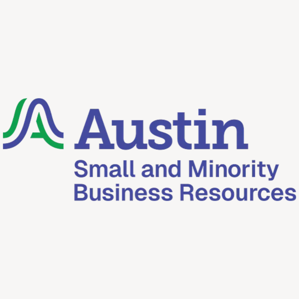 Logo for Austin Small and Minority Business Resources, featuring a stylized green and blue design on the left and the text 'Austin Small and Minority Business Resources' in blue.