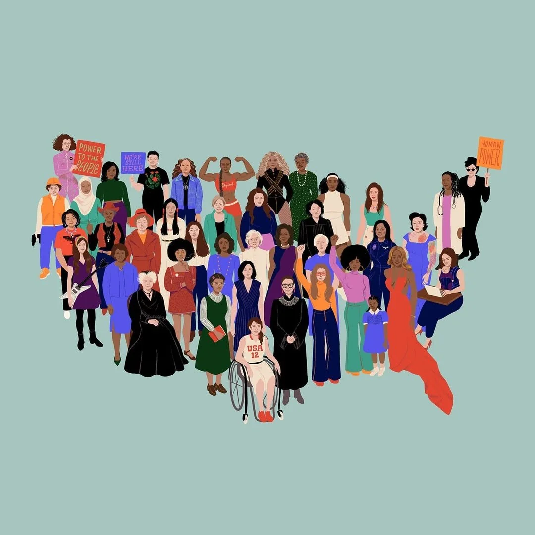 Illustration of diverse women standing on a map of the United States, holding signs with messages about women's empowerment and equality.