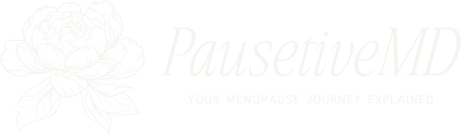 Black background with a white line drawing of a peony flower on the left. The text 'PausitiveMD' is written in stylized font, and below it, 'YOUR MENOPAUSE JOURNEY EXPLAINED' is in smaller uppercase letters.
