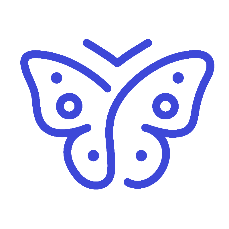 Blue outlined butterfly icon.
