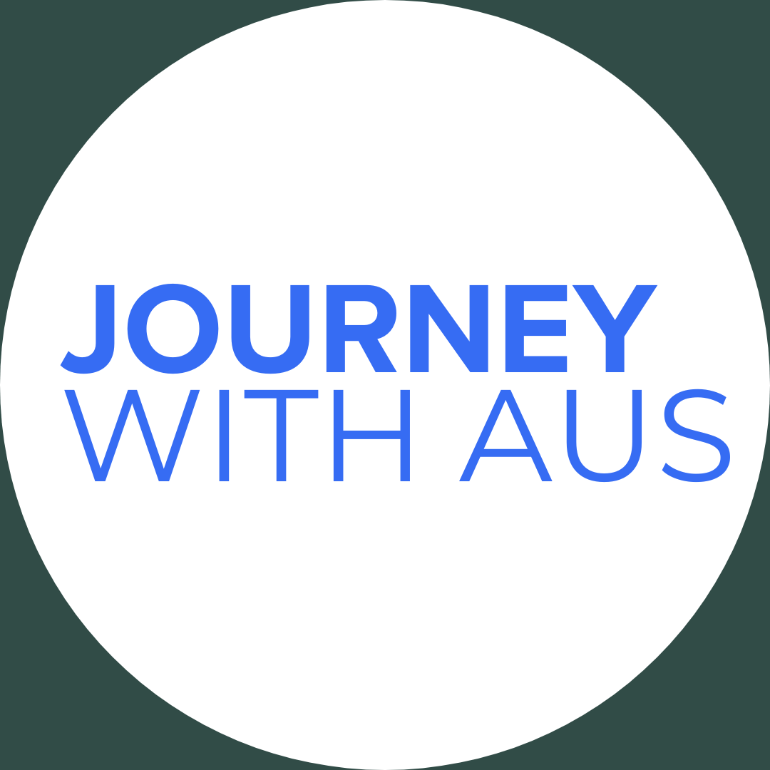 Logo with the text 'Journey with Aus' in blue, set within a white circle on a dark green background.