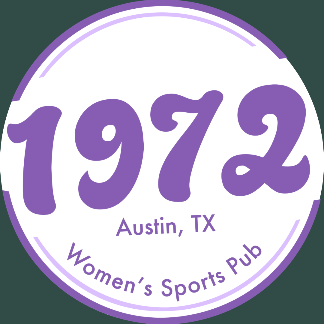 A circular logo for Women's Sports Pub in Austin, TX, established in 1972, with purple text against a white background surrounded by purple and white borders.