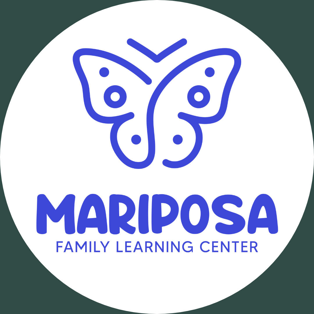 Logo for Mariposa Family Learning Center featuring a stylized butterfly in blue and the center's name.