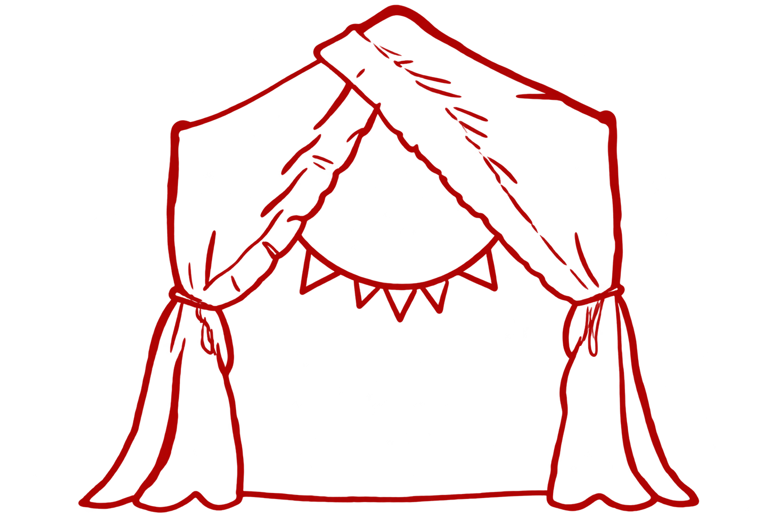 Skizze eines Objekts mit einem Zelt- oder Hausstil, das mit roten Linien auf schwarzem Hintergrund gezeichnet ist, inklusive Vorhängen und Deko-Elementen.