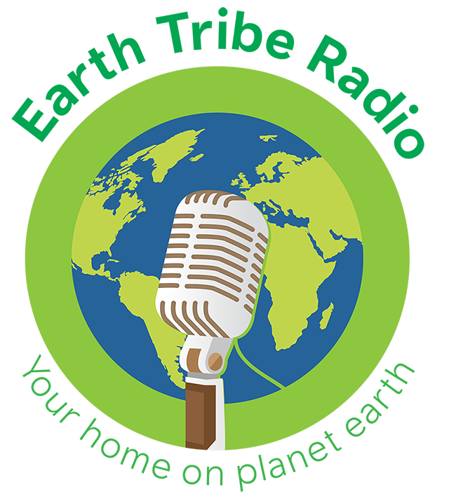 Illustration of a microphone in front of a globe representing Earth, with a green circular background and surrounding abstract shapes.