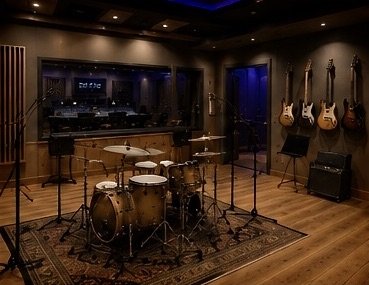Music recording studio with drums, microphones, and guitars on the wall.