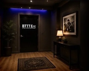 Interior of a dimly lit room with a door labeled "BTTT Ent" and a small side table with a lamp and plant, a framed picture on the wall, and a rug on the wooden floor.
