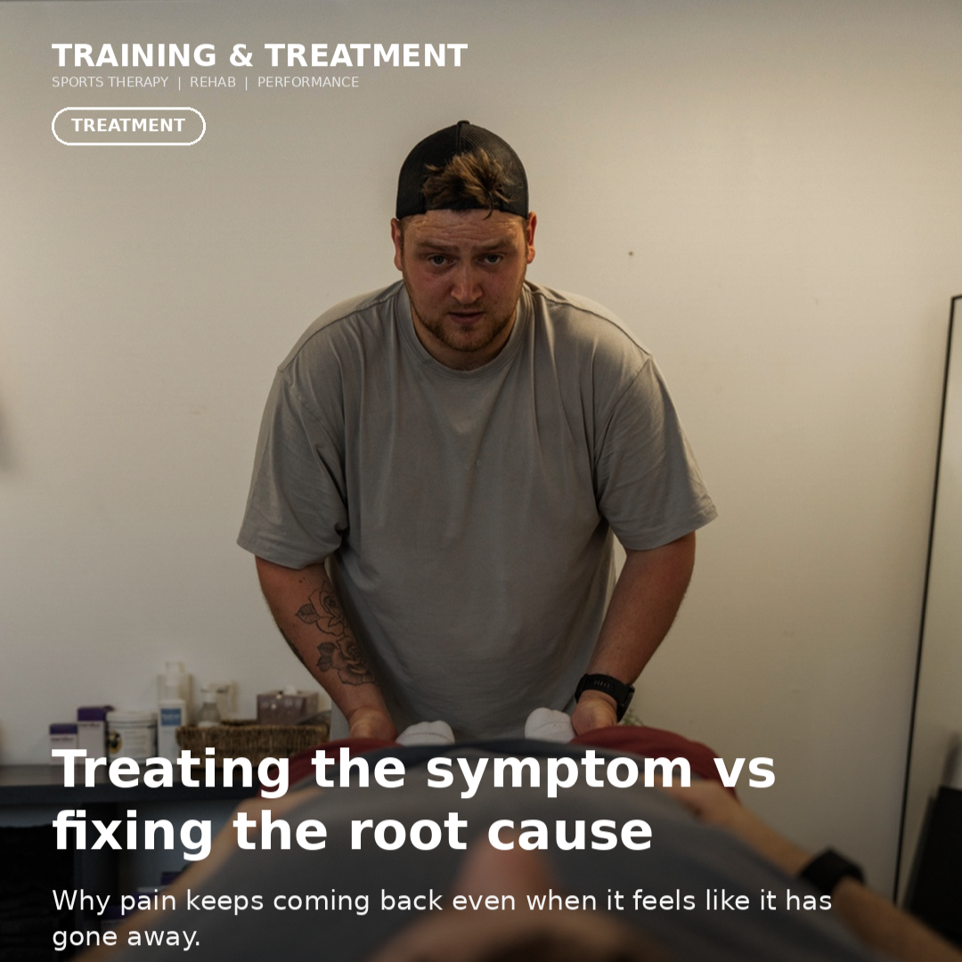 Sports therapist discussing symptoms, goals and treatment options with a client during a consultation at Training and Treatment clinic in Winchester.