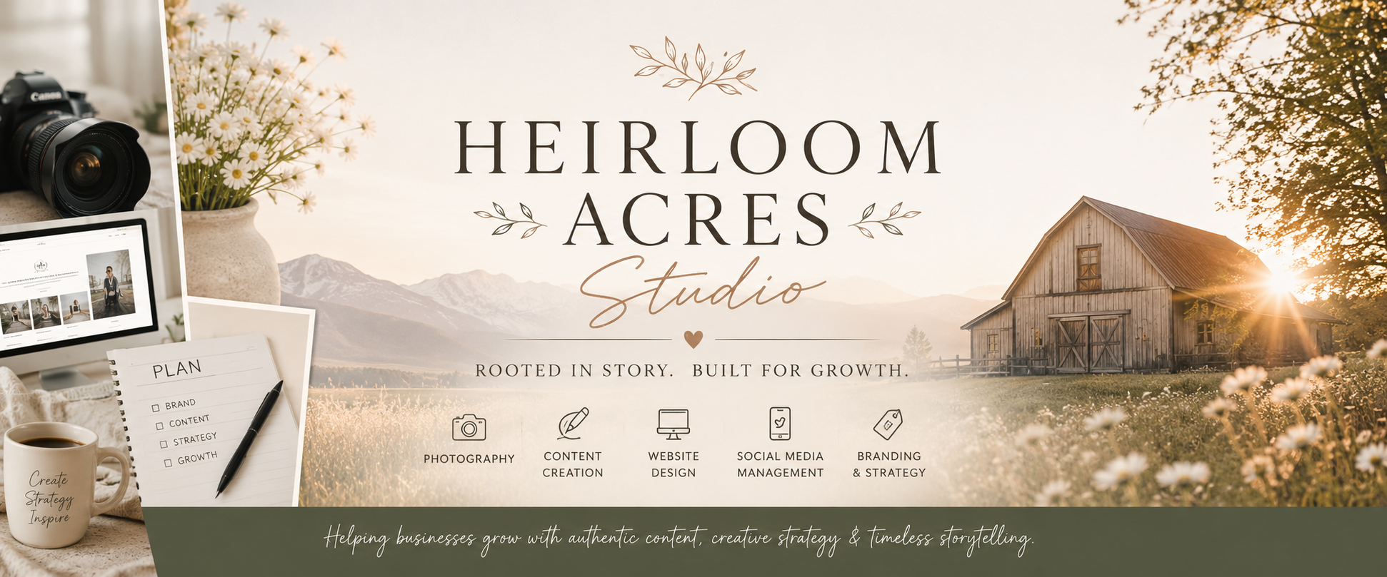 A promotional flyer for Heirloom Acres Studio featuring a rustic barn at sunset with surrounding nature, showcasing photography, content creation, website design, social media management, and branding services.
