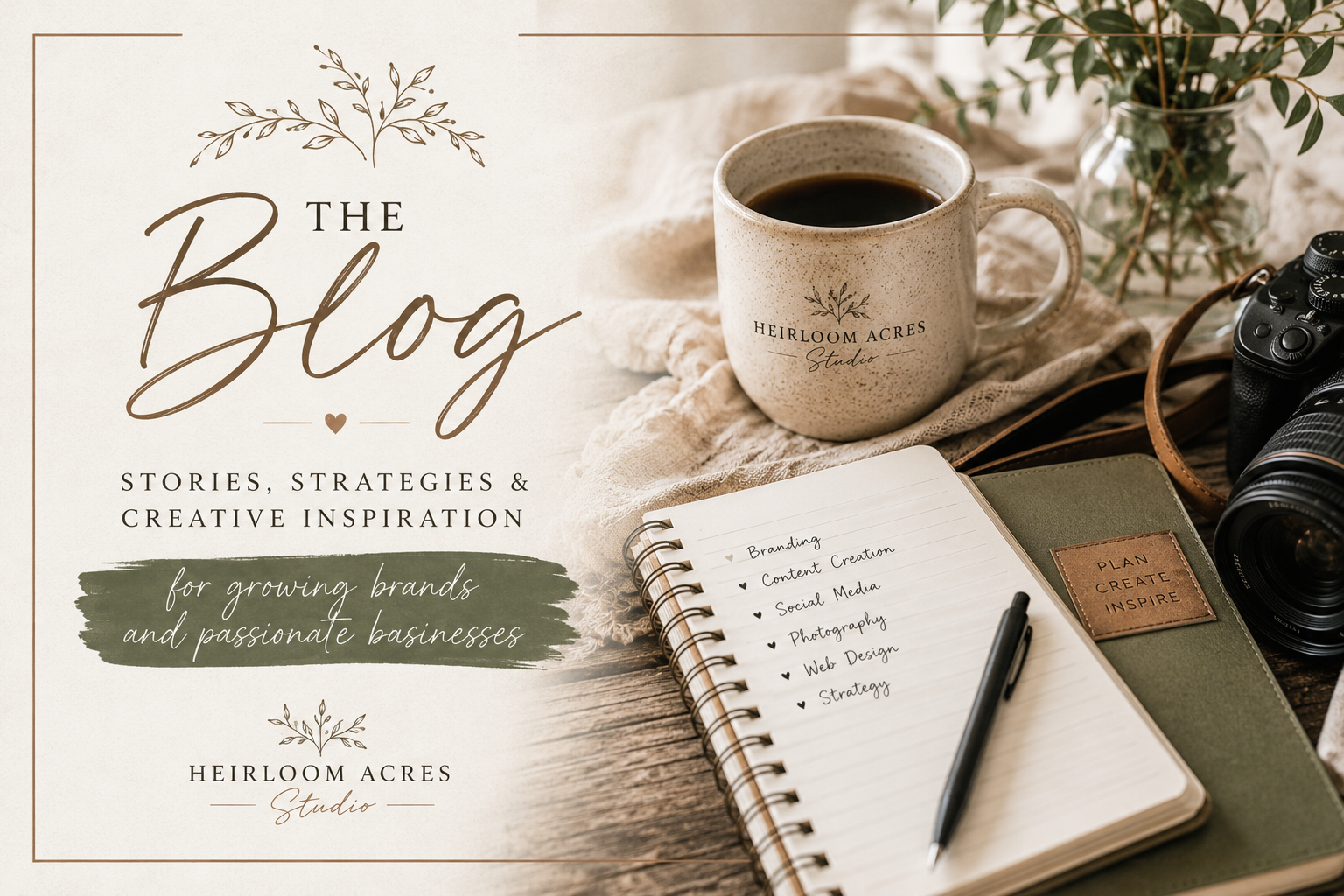 A promotional image for 'The Blog,' featuring a cup of coffee, a notebook with handwritten notes, a pen, a camera, and a journal with a label that says 'Plan Create Inspire,' on a rustic wooden surface with a plant in a glass jar in the background.