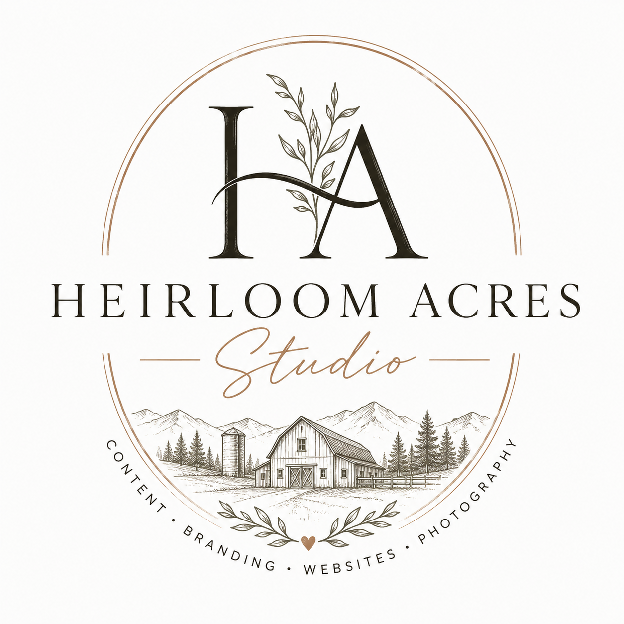 Logo for Heirloom Acres Studio featuring a barn, mountains, pine trees, and a decorative border, with the text "LA" at the top and "Heirloom Acres Studio" in the center, and offerings like content, branding, websites, and photography.