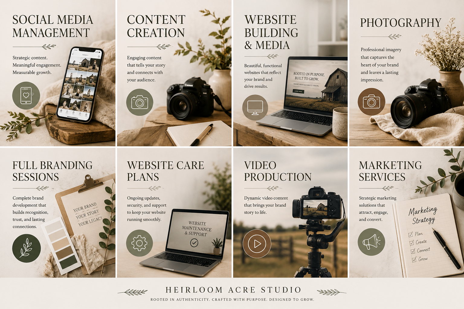 A multi-section promotional graphic for Heirloom Acre Studio showcasing services such as social media management, content creation, website building and media, photography, branding sessions, website care plans, video production, and marketing services, each with images of related equipment and tools.