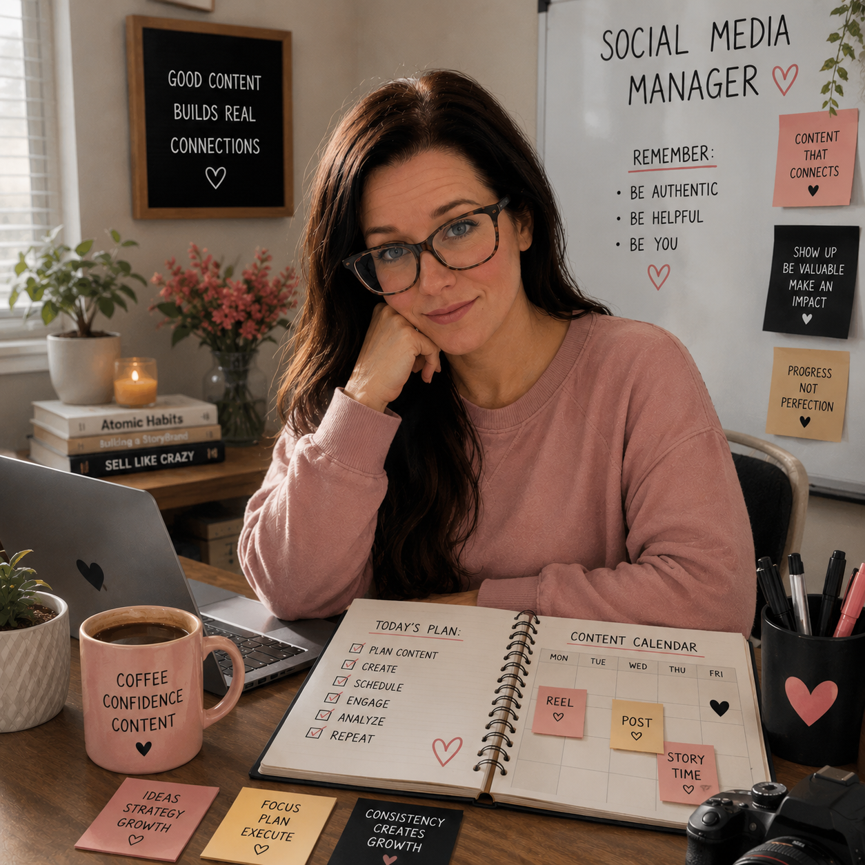 A woman with glasses sitting at a desk, smiling and resting her head on her hand. On the desk, there's a laptop, a pink coffee mug with the words 'Coffee Confidence Content' and a small plant. Behind her, a whiteboard displays social media tips, and a nearby shelf holds books and a lit candle. The desk has a planner with a content calendar, sticky notes, and various pens in a cup.