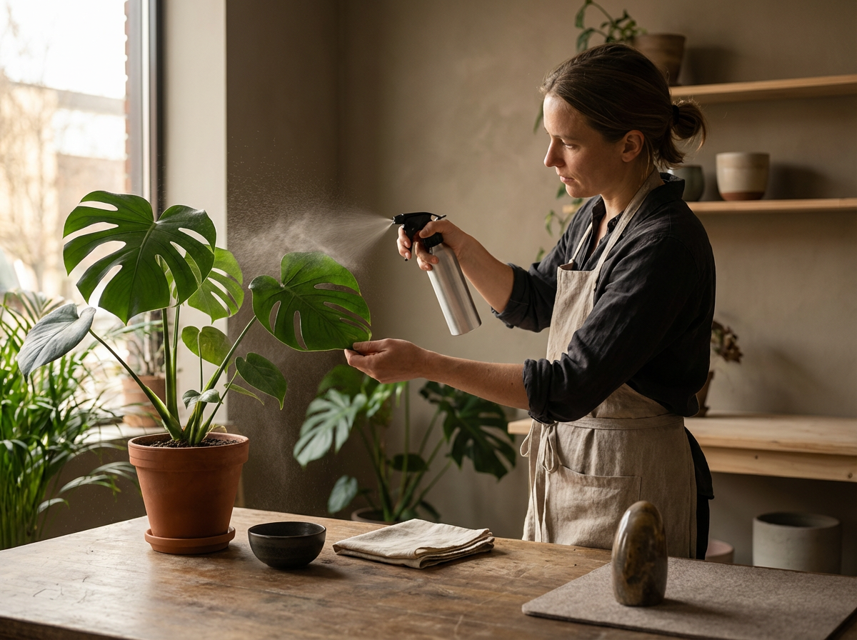 A woman in an apron is using a spray bottle to mist a large potted Monstera plant indoors near a window.