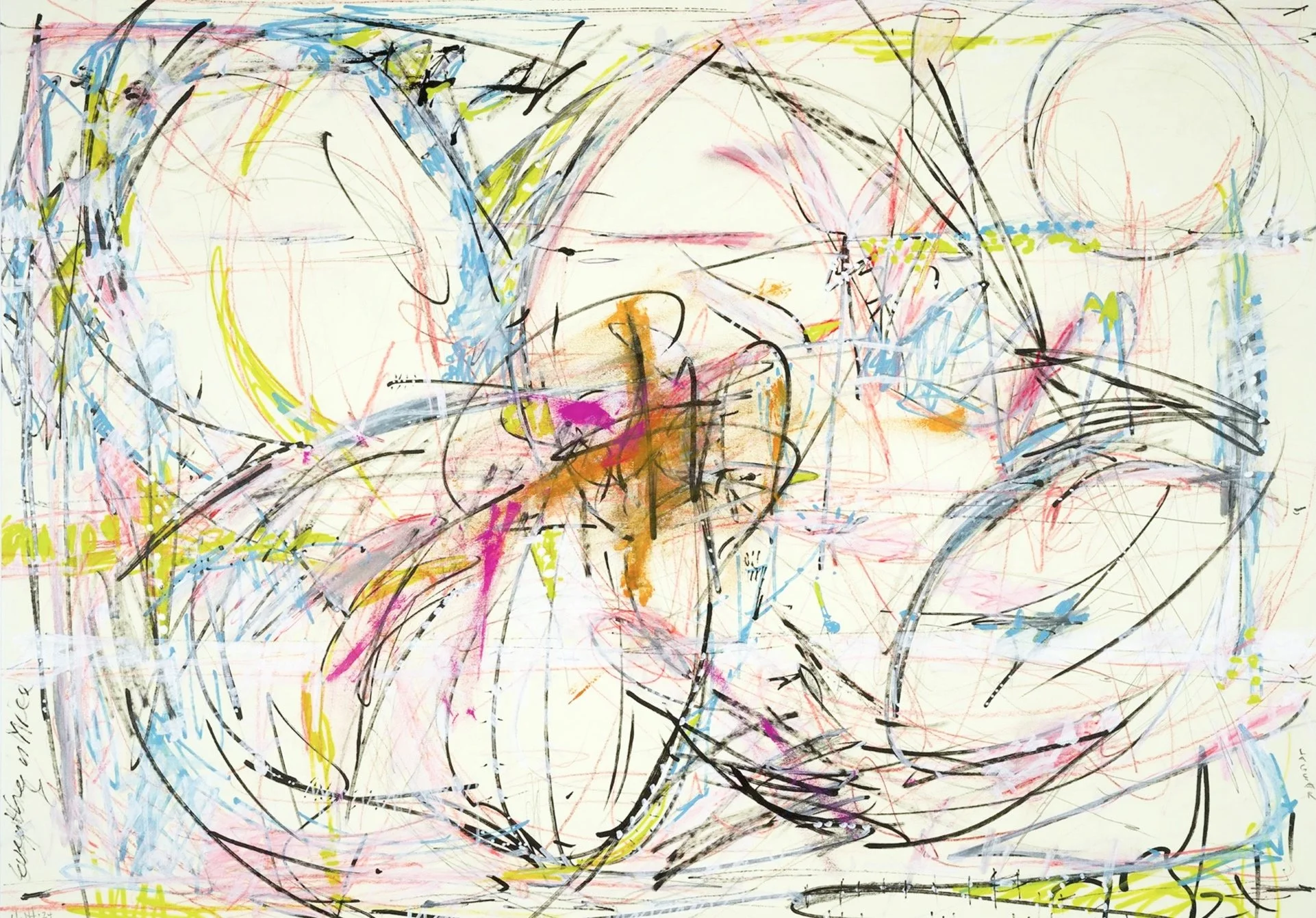 Abstract colorful drawing with various black, pink, yellow, blue, and orange lines and shapes on a white background.