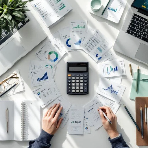 A workspace with financial documents, charts, and graphs arranged in a circle around a calculator, with a laptop, glasses, pens, and notebooks nearby.