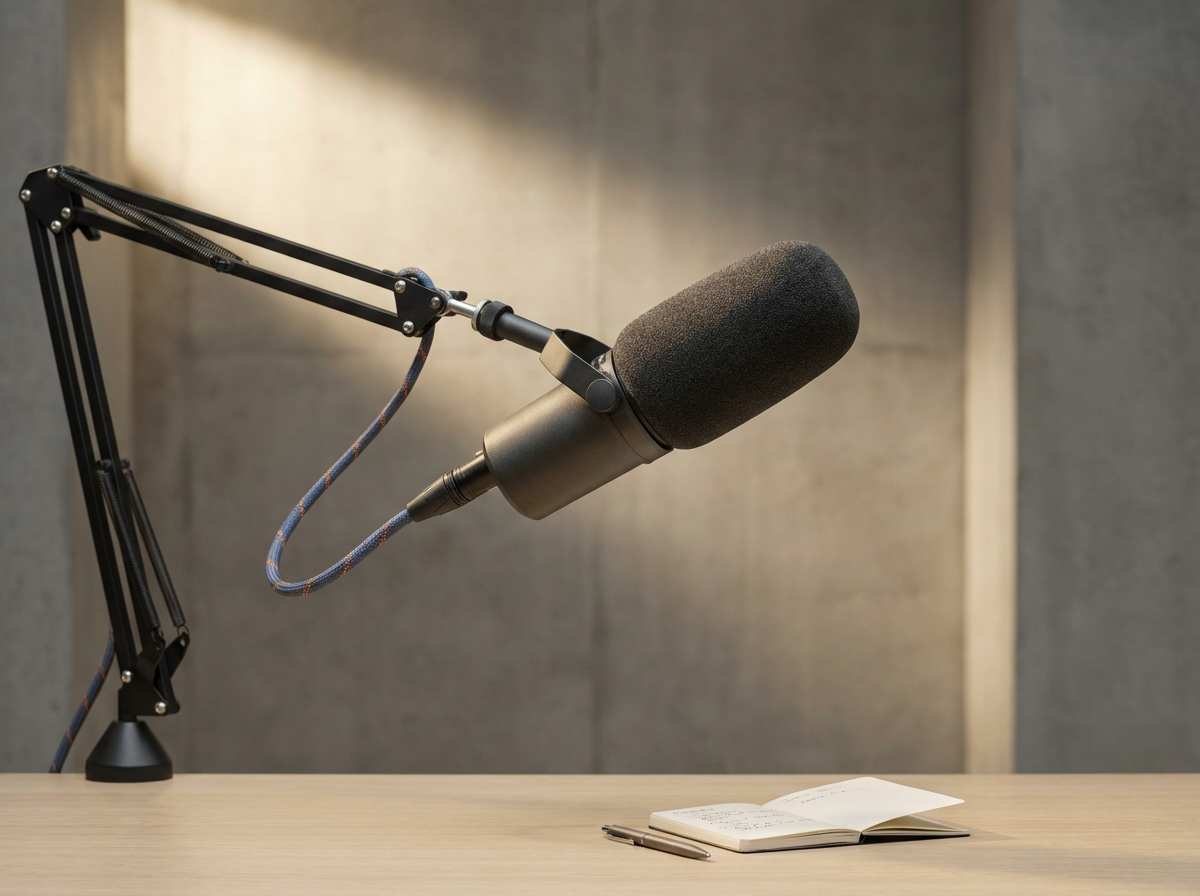 A professional microphone mounted on an adjustable arm, positioned above a desk with an open notebook and a pen, set against a grey, soundproof wall.