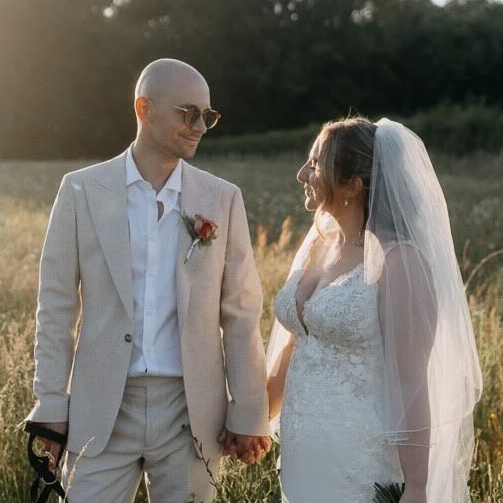 A bride and groom, wedding attire, London