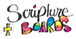 Colorful hand-drawn text that says 'Scripture + Boards' with playful, decorated lettering.