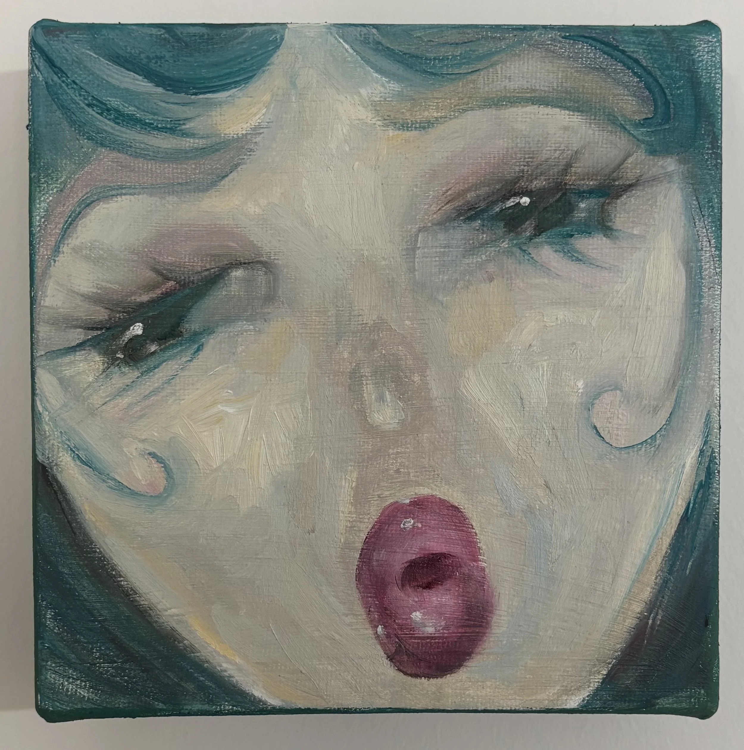 Abstract painting with swirling brushstrokes in shades of blue, pink, yellow, and gray on a rectangular canvas.