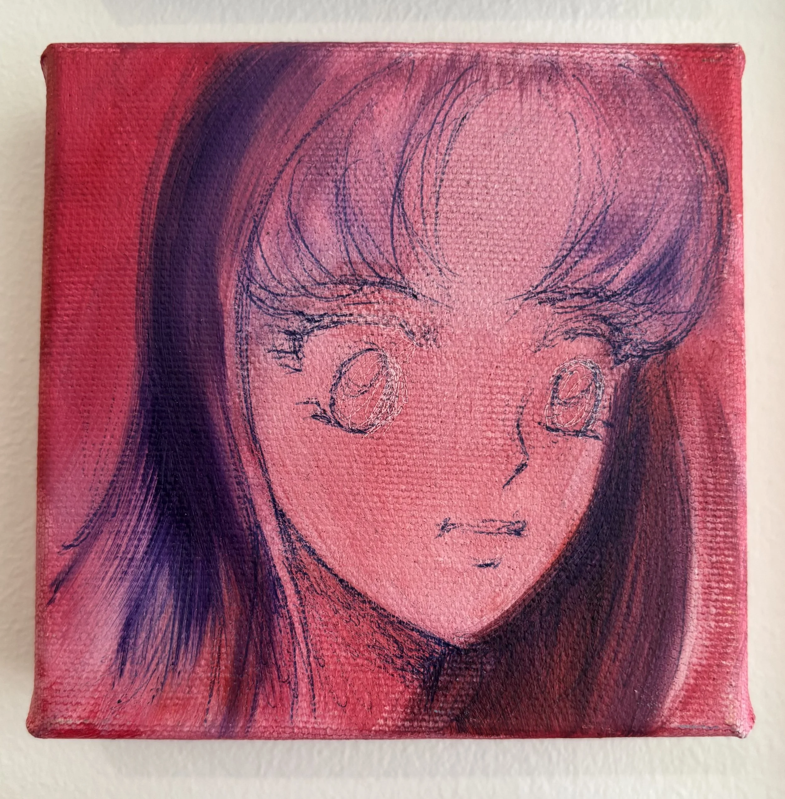 Close-up of a pink to purple canvas artwork featuring an abstract sketch of a face with hair.