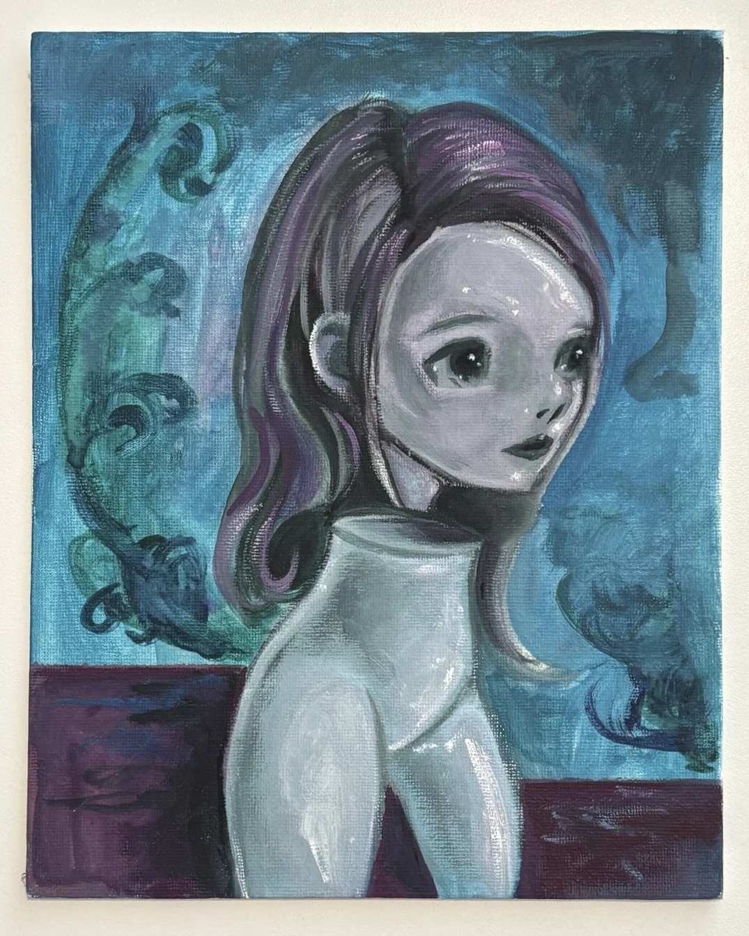 Painting of a young girl with large eyes and purple hair, set against a blue and purple abstract background.