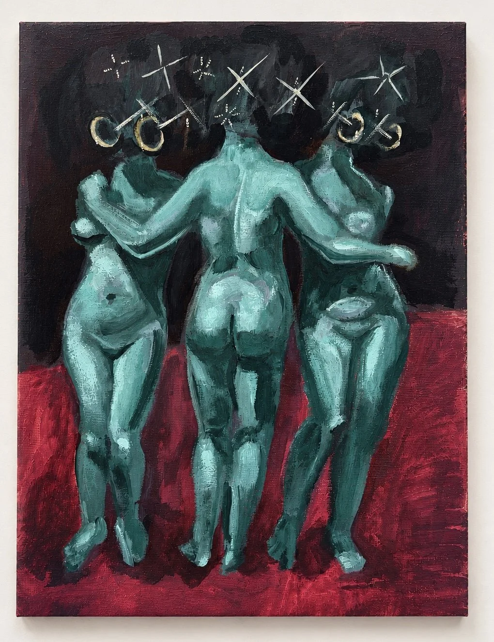 Painting of three nude women with their backs turned, holding hands, with star-like shapes and rings as heads, standing on a red surface against a dark background.