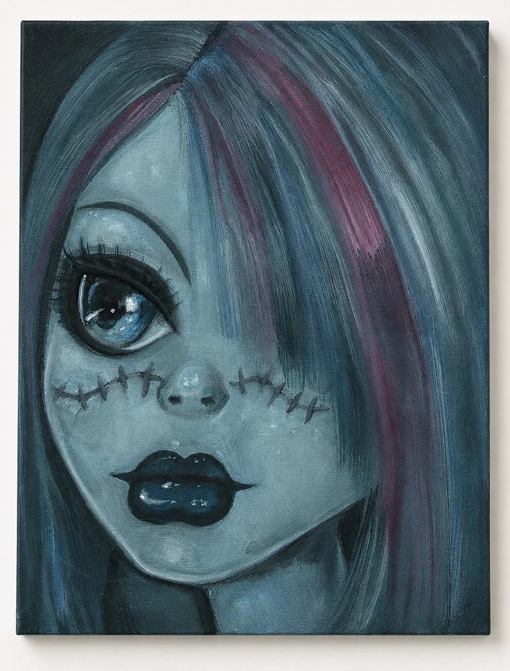 A painting of a stylized girl with large eye, dark lips, and colorful hair, featuring stitched scars across her face in shades of blue, purple, and pink.