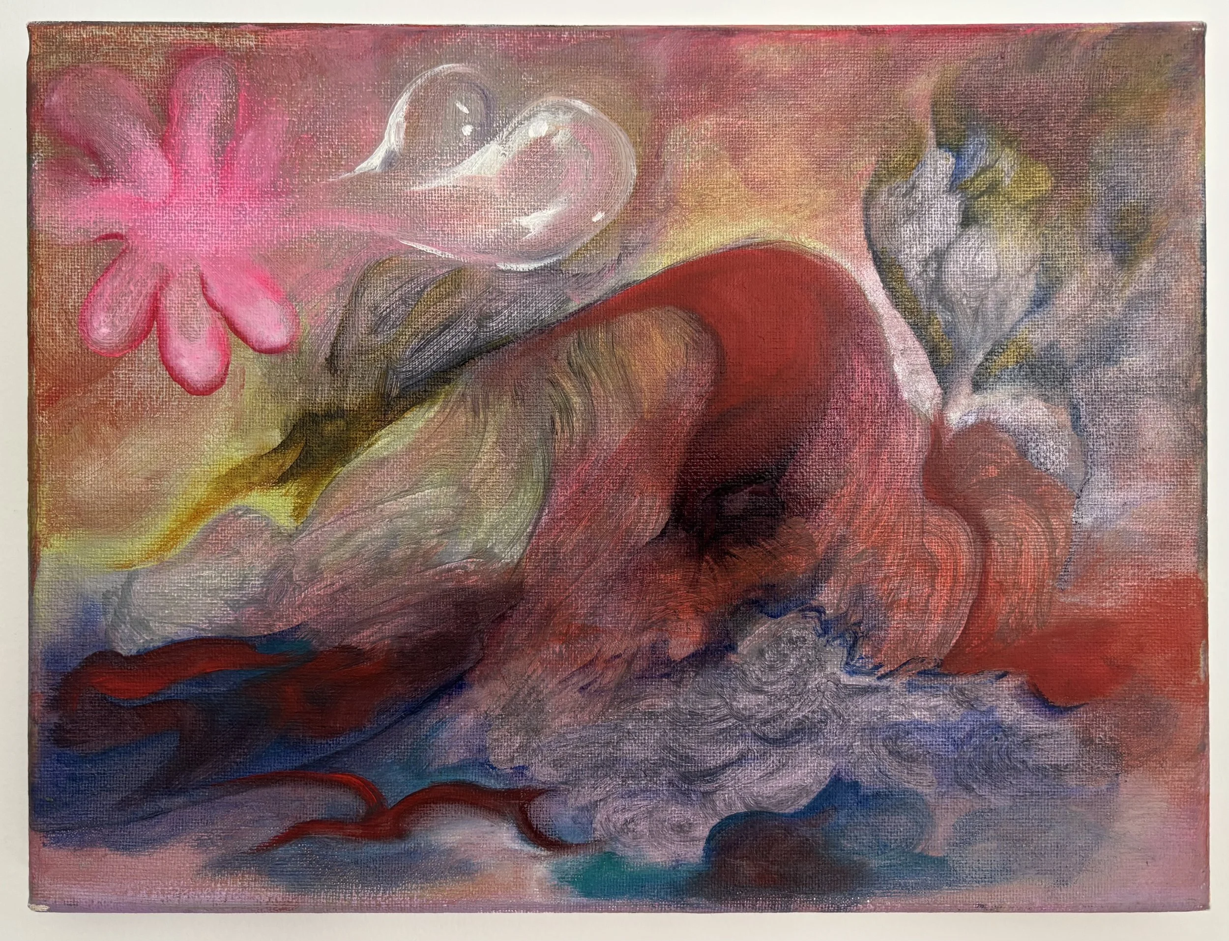 An abstract painting with swirling colors, including pink, red, blue, gray, yellow, and white, creating a sense of movement and depth.