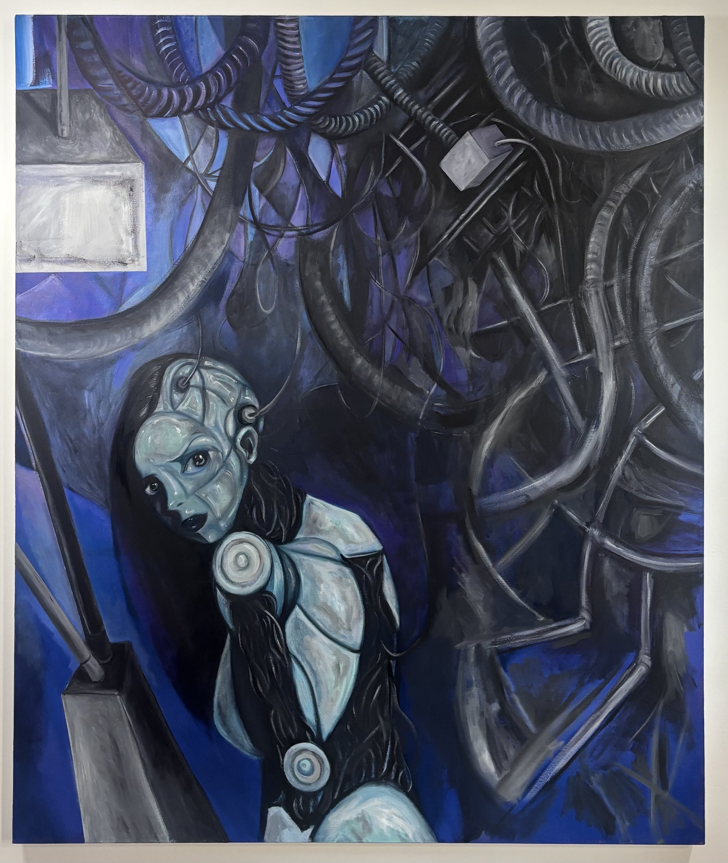 Abstract painting depicting a face with a pale complexion, dark hair, and dark eyes, surrounded by black, gray, and blue swirling and linear patterns.