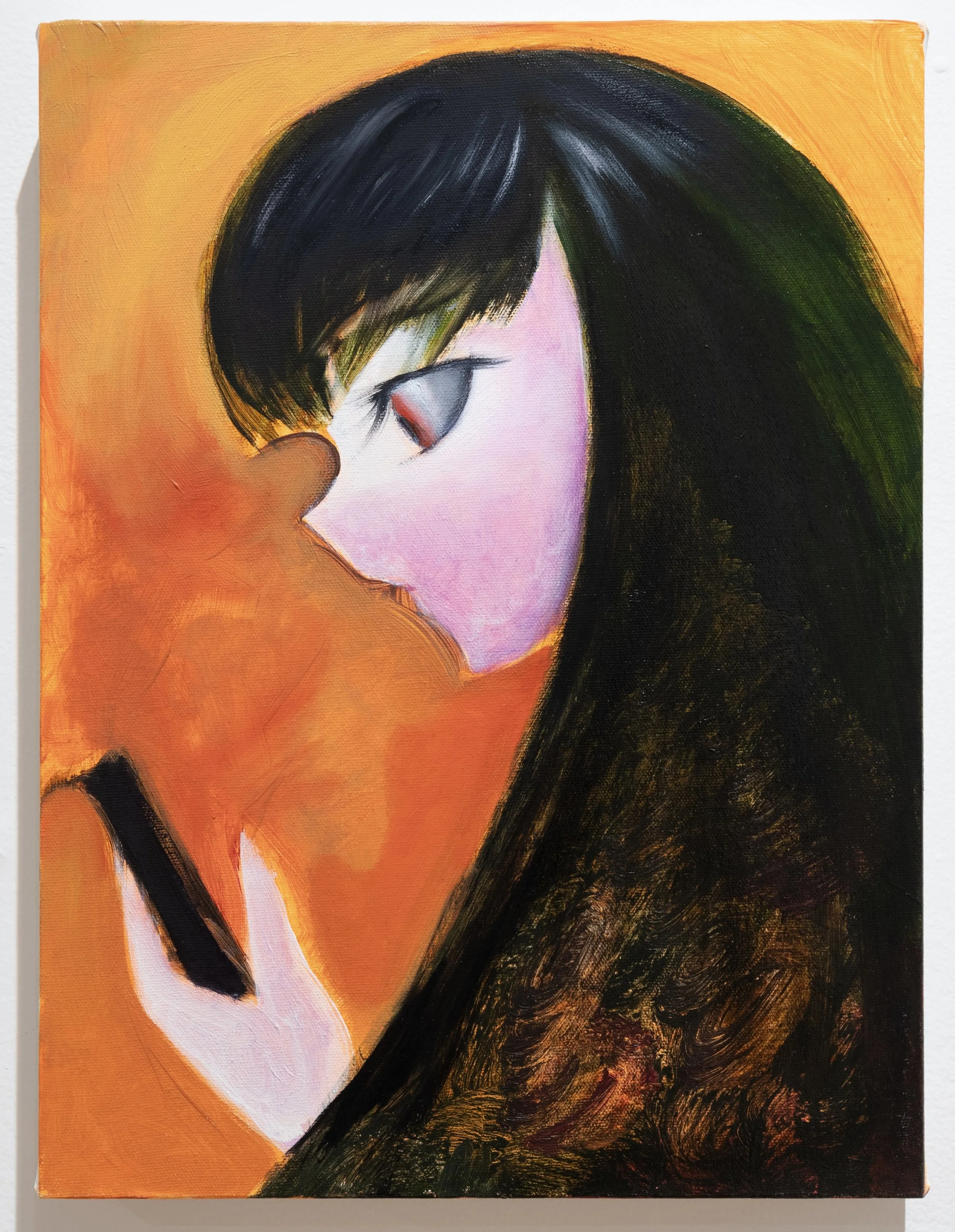 Painting of a woman with long dark hair, slightly turned to the side, on an orange background.