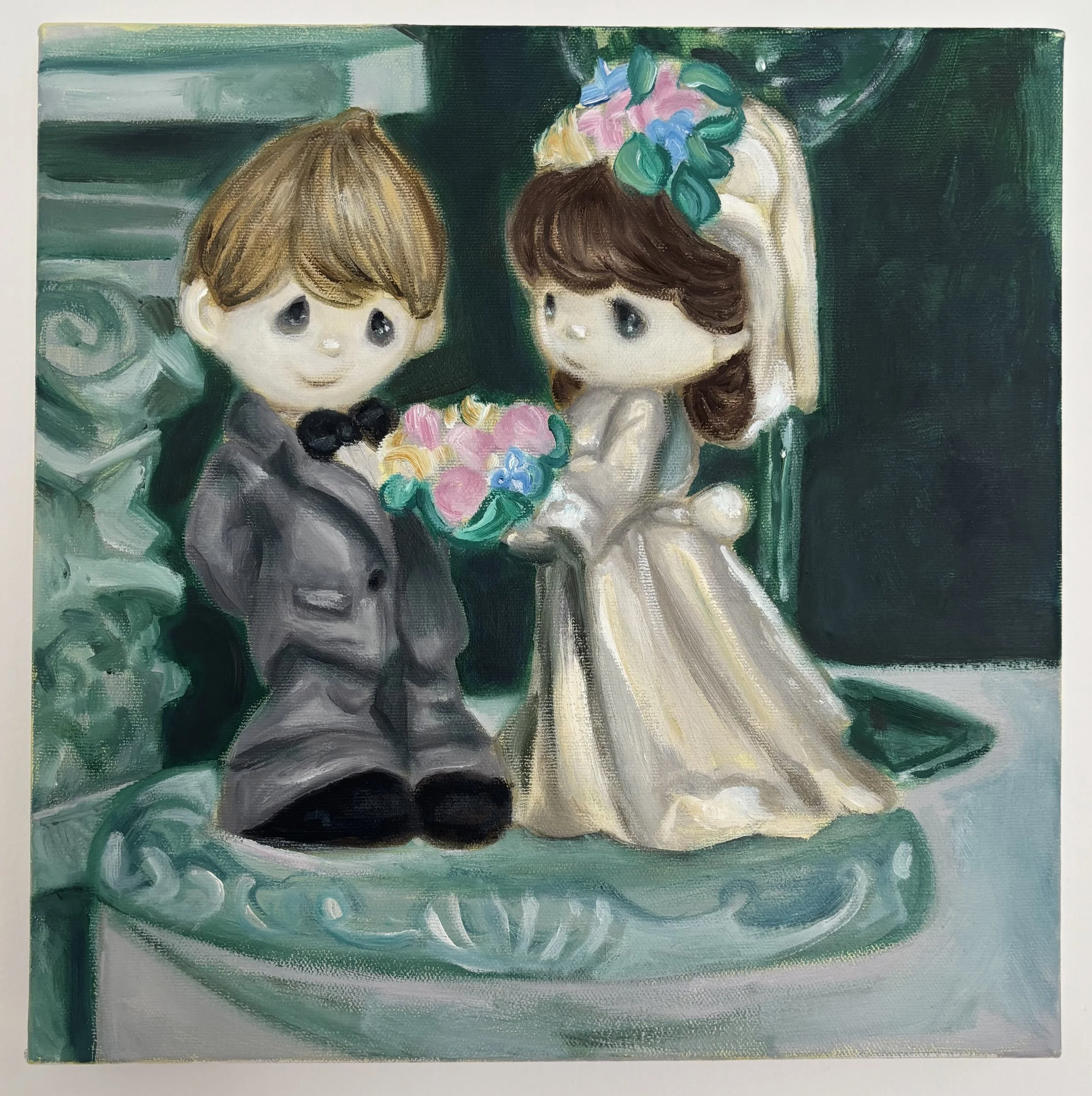Abstract painting of two children with big eyes, one with light brown hair, the other with dark brown hair adorned with colorful flowers, against a green and teal background.