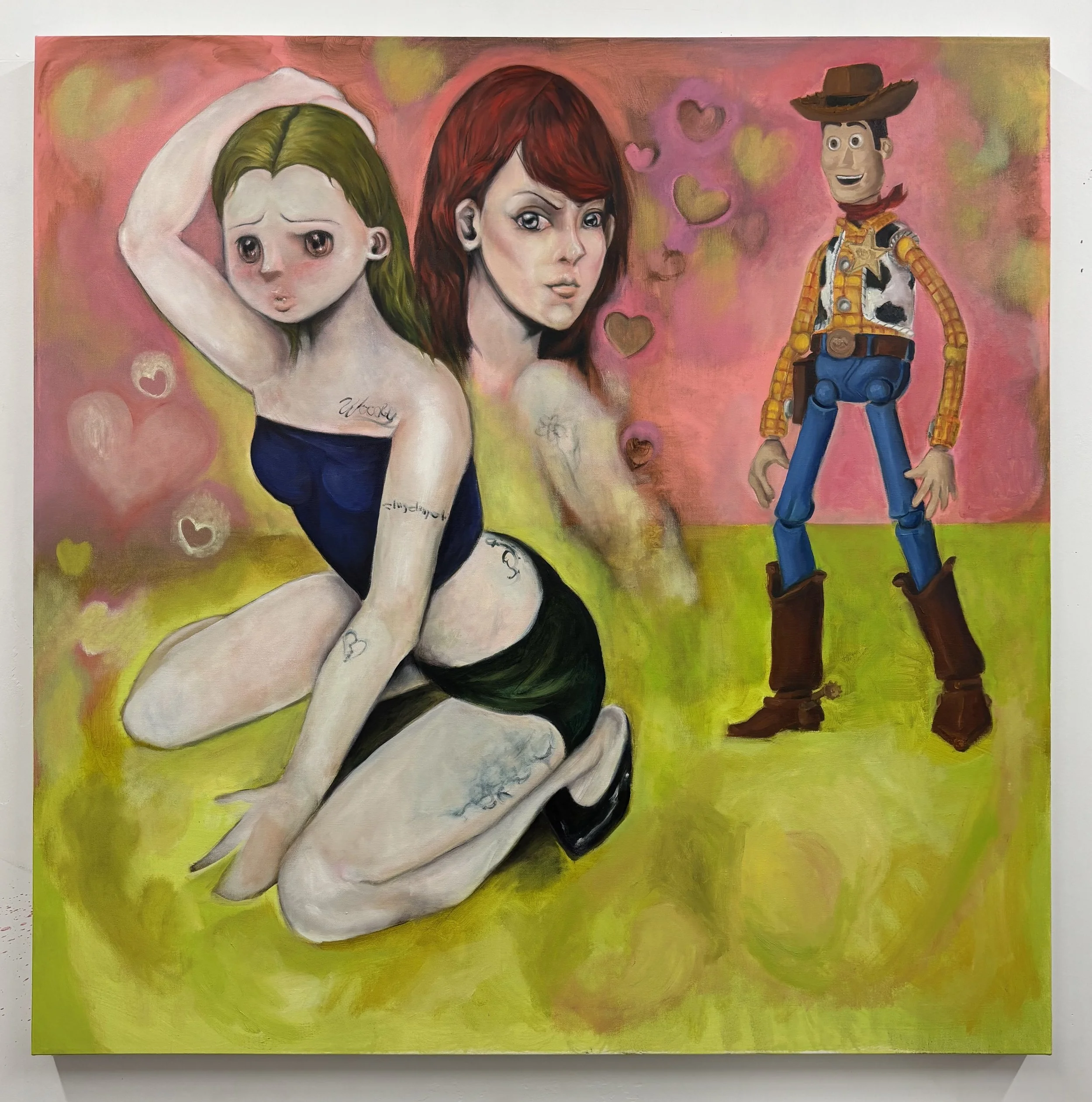 Painting of two women with hearts in the background and a character resembling Woody from Toy Story.