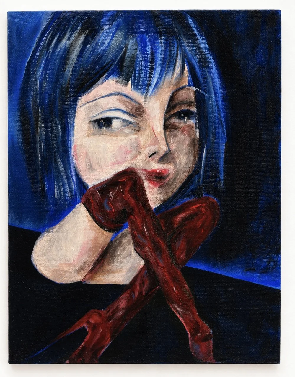 A painting of a woman with blue hair, holding a red flower and winking.