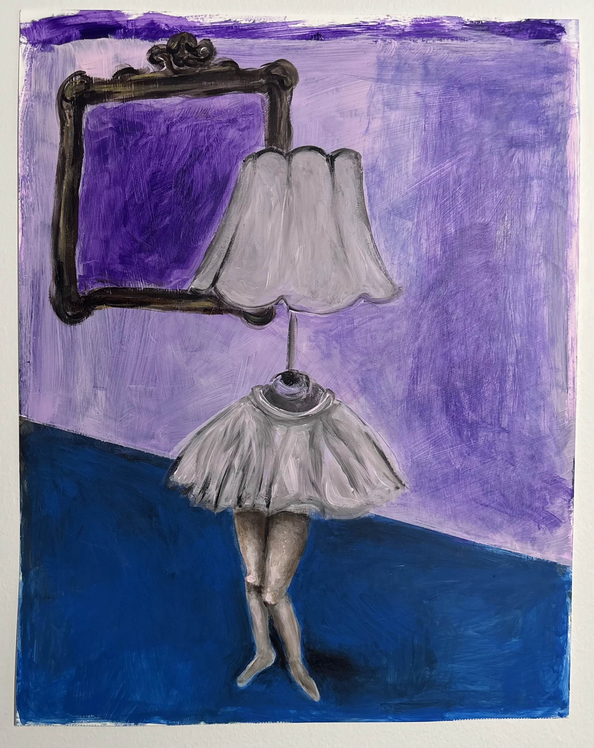 A painting of a ballerina in a tutu with a purple background, standing on a dark blue floor, seen through a vintage-style lamp with a beige lampshade. The painting is done with visible brushstrokes in an expressive style.
