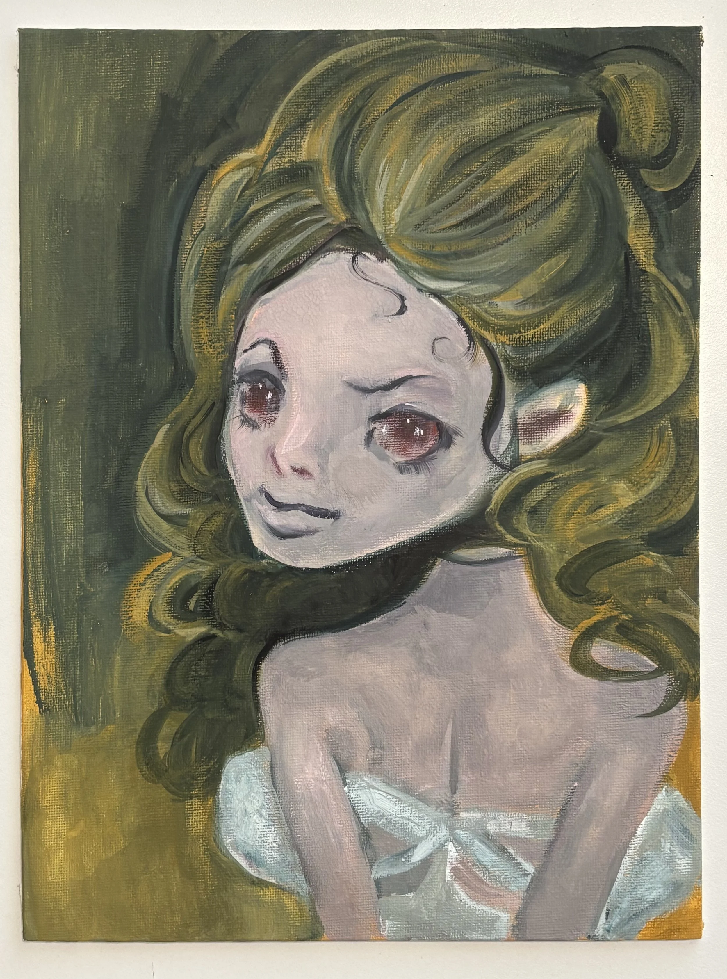 A portrait painting of a woman with large eyes, full lips, and long wavy hair, set against a greenish background.
